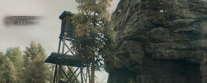 《消逝的光芒：困兽》中山间庇护所安全塔外观，周围环绕陡峭岩石，玩家正从侧面石堆向上攀爬