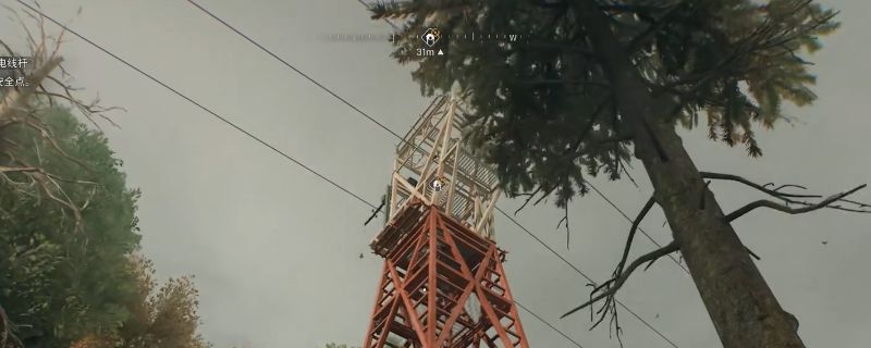 游戏中沼泽区域高压电线杆安全点的外观，周围布满藤蔓与废弃设施，远处可见昏暗的别墅区轮廓