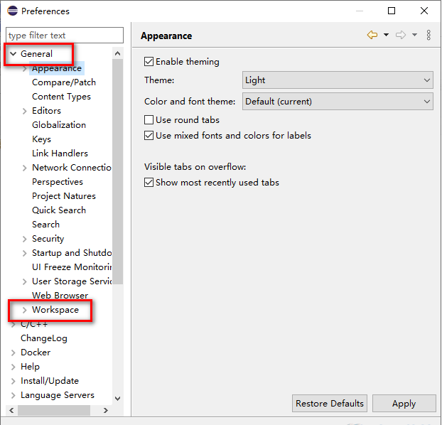 Eclipse Preferences面板中，General类别已展开，Workspace选项被选中，右侧显示编码设置区域