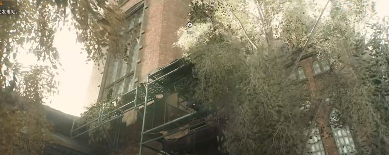 玩家角色站在农田边缘，远处可见图书馆建筑，周围有多个丧尸徘徊，场景昏暗带有末日氛围