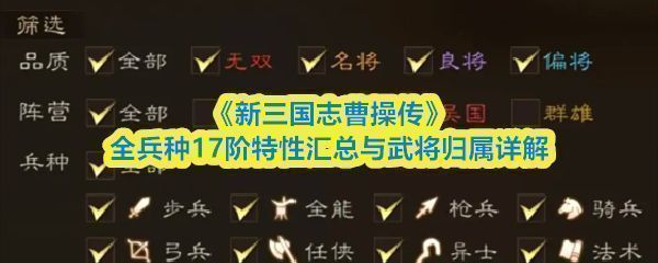 《新三国志曹操传》兵种特性界面截图，详细列出各兵种17阶技能与加成数值