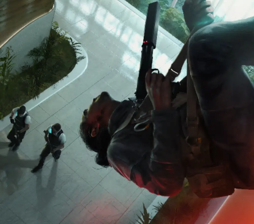 乔安娜角色设定草图，身着战术装备，背景为未来城市