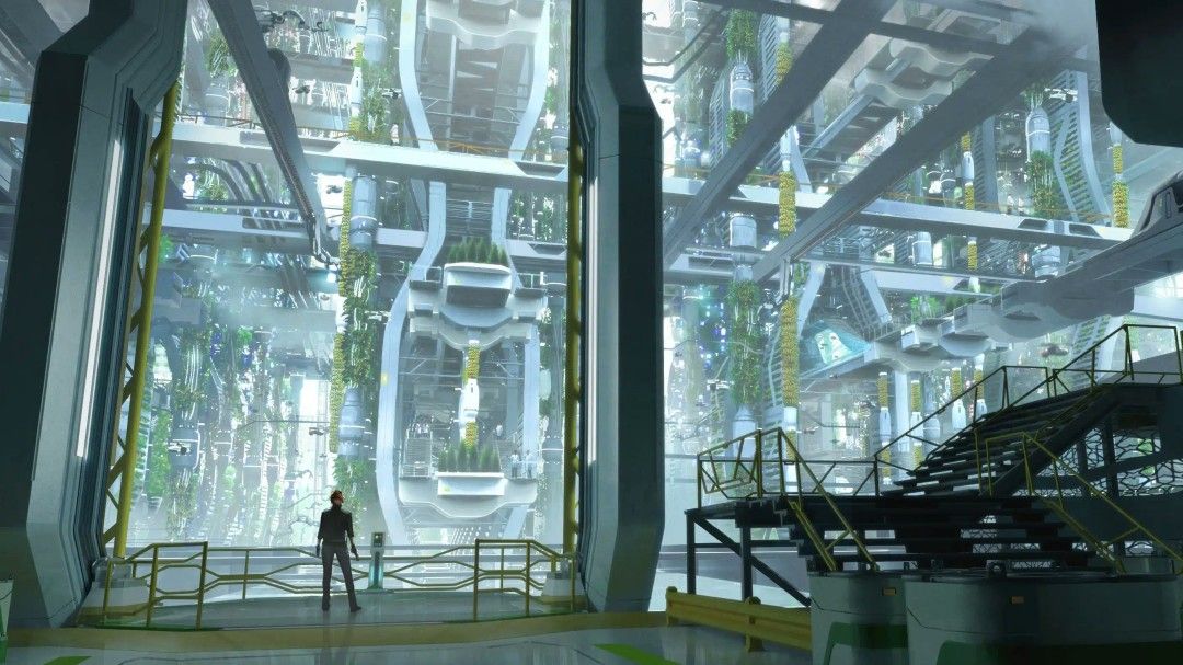 生态科幻风格室内场景，机械结构与藤蔓交织共生