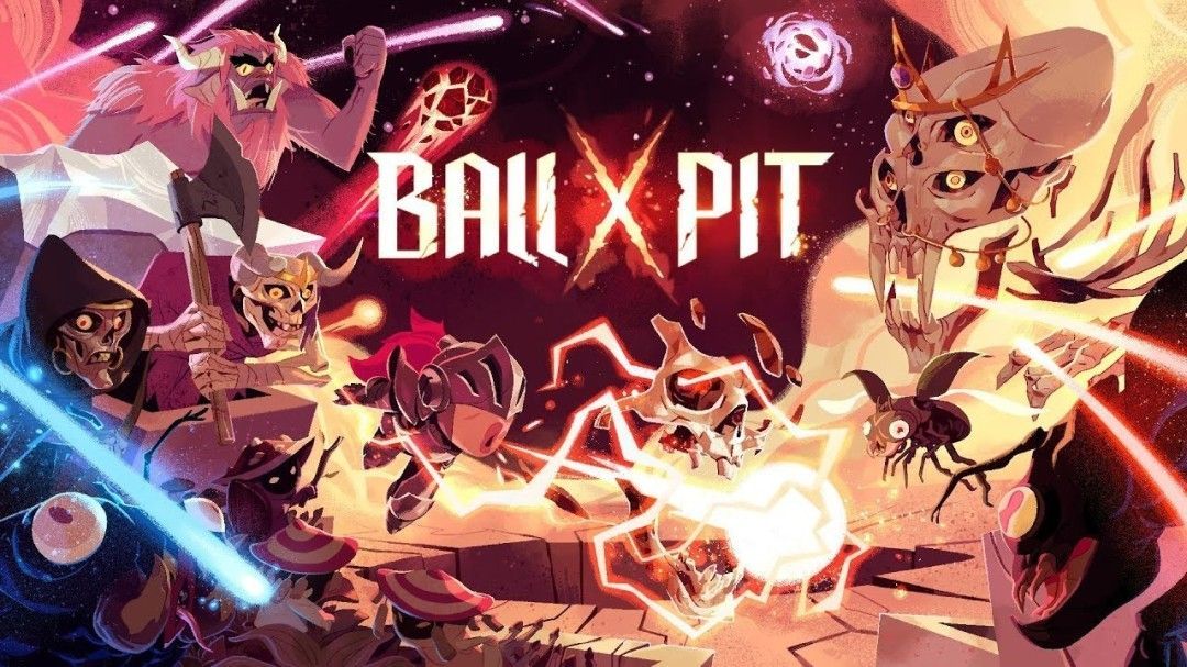 《Ball x Pit》游戏画面，彩色弹球不断撞击上方砖块阵列，下方为可升级的基地模块界面