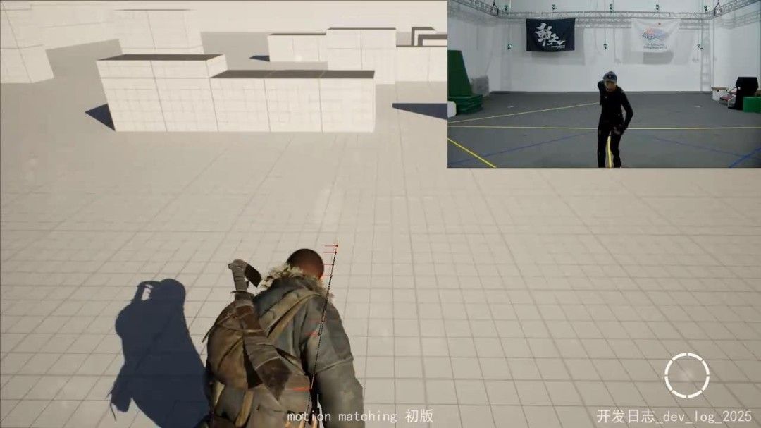 游戏角色在废墟中持枪警戒，背景为燃烧的村庄，烟雾弥漫