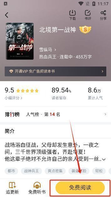 小说详情页面，包含书名、作者、简介、评分等详细信息