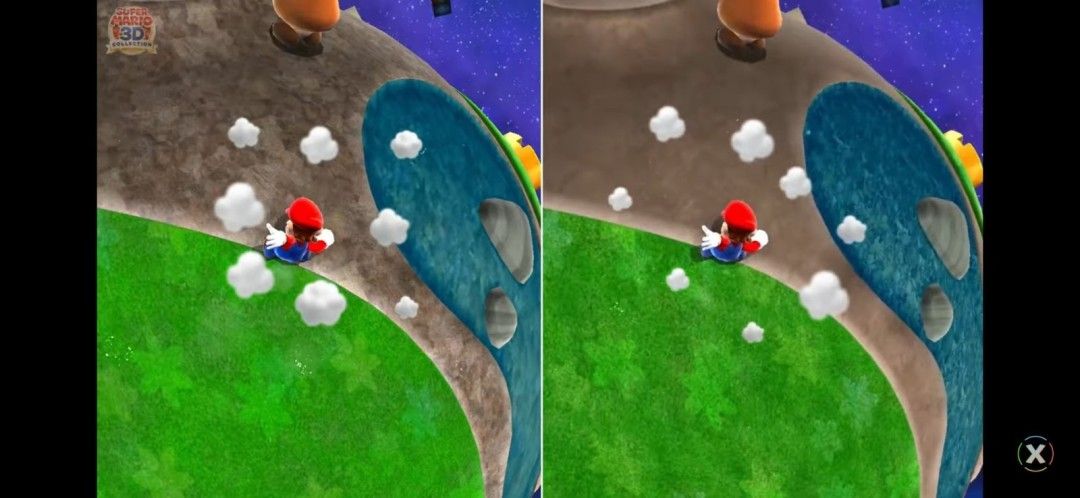 三款不同版本《银河》同屏对比：Wii原版、3D全明星版、Switch 2版，展现纹理清晰度递减