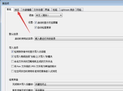 首选项窗口打开，顶部预设选项卡高亮显示，下方列出各项预设相关设置