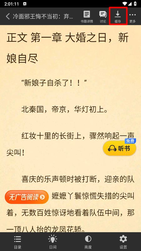 阅读界面右上角‘缓存’按钮特写，下方列出可下载章节列表