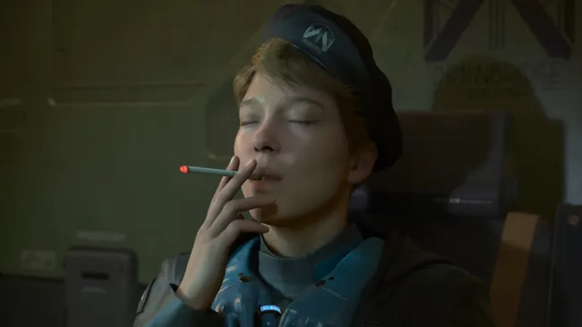 《死亡搁浅2》中芙拉吉尔与主角山姆对峙的剧情感场景，两人神情紧张，氛围压抑