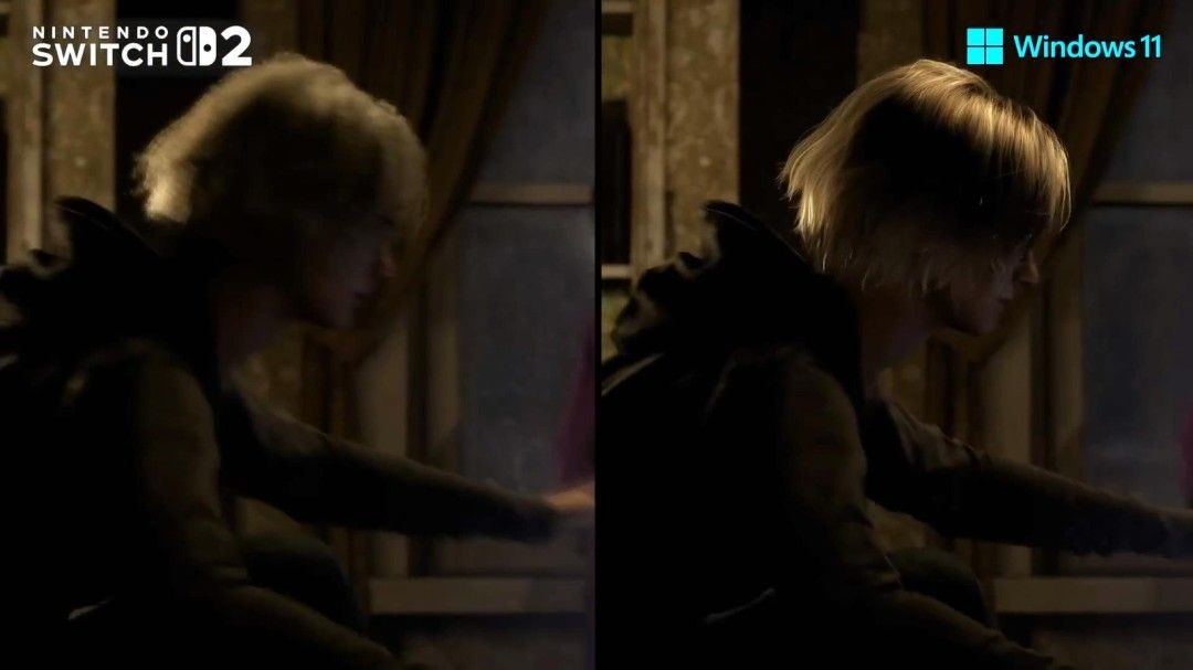 《生化危机9》PC版与Switch2版室内场景对比，光照效果相似但反射细节有差异
