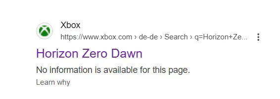 网页截图显示搜索结果中出现Xbox版《地平线：零之曙光》链接，下方为灰色不可访问的商店页面