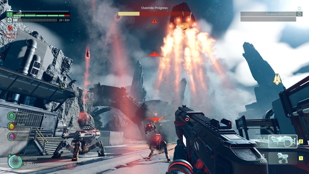 《Jump Space》游戏主视觉图，宇宙飞船在星空中穿梭，周围环绕着爆炸特效和敌方飞行单位