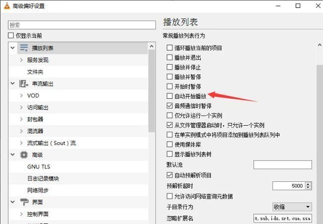 用户界面设置页面中‘自动开始播放’选项已被勾选，旁边有说明文字提示