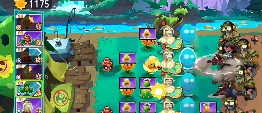 气球僵尸漂浮前进，三叶草发动技能将其全部吹飞