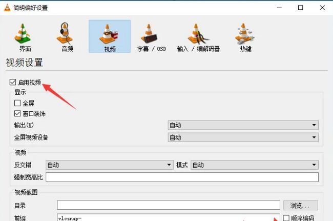 视频设置页面中‘启用视频’复选框已被勾选，旁边有说明文字提示其作用