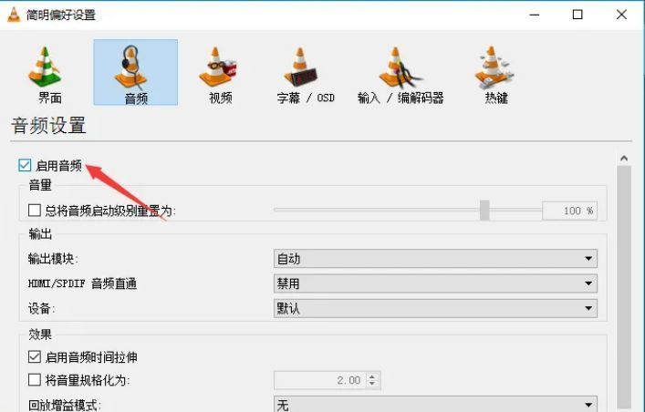 ‘启用音频’选项已被勾选，保存按钮位于窗口右下角，提示用户确认更改