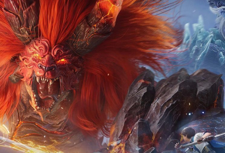 英雄站在龙骨顶端释放大招，周身环绕金色光芒，象征力量觉醒