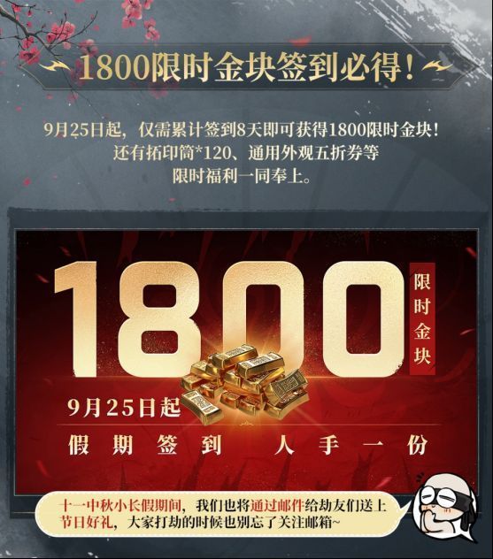游戏内签到活动界面展示，显示每日奖励及累计8天可领取1800金块