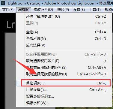 Lightroom首选项对话框列表界面，其中‘首选项’已被高亮选中