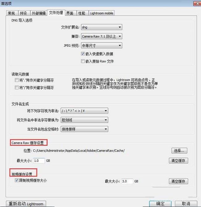 文件处理页面下方显示Camera Raw与视频缓存设置的具体参数和清空按钮
