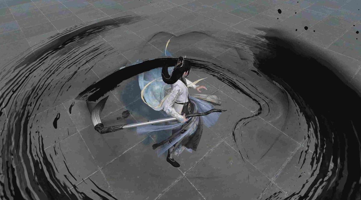 《天涯明月刀》万象门派技能演示图，角色执笔凌空书写，墨迹化作红色剑气冲击地面，引发爆炸性法术效果，周围纸张飞扬