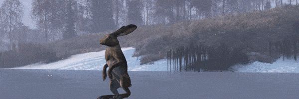 一头毛茸茸的驯鹿在雪地中奔跑，身后留下清晰脚印，展现新动物生态