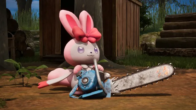 《幻兽帕鲁》与《Ultrakill》联动宣传图，展示充满赛博朋克风格的战斗场面，帕鲁与机械敌人激烈交火