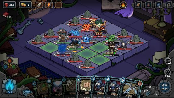 元素克制图示界面，火、水、草三色图标呈三角排列，箭头指示相克关系，伴有爆炸特效动画