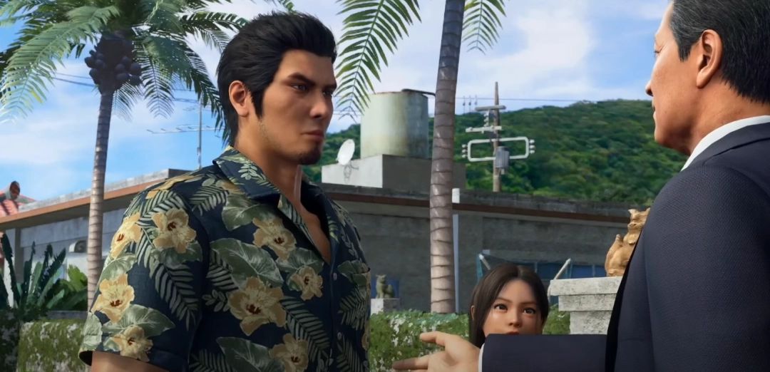 桐生一马在游戏中与反派对峙的剧照，神情坚毅，背景为夜晚的街道