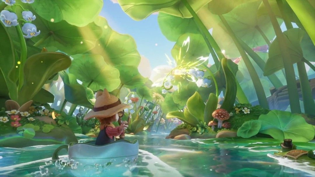 一名‘粒粒’NPC正与玩家互动，两人站在由火柴盒改造的小屋前，周围点缀着瓶盖花园