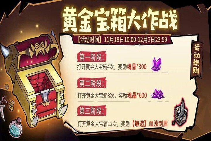 玩家站在打开的黄金宝箱前，金色光芒四射，周围漂浮着装备图标和金币