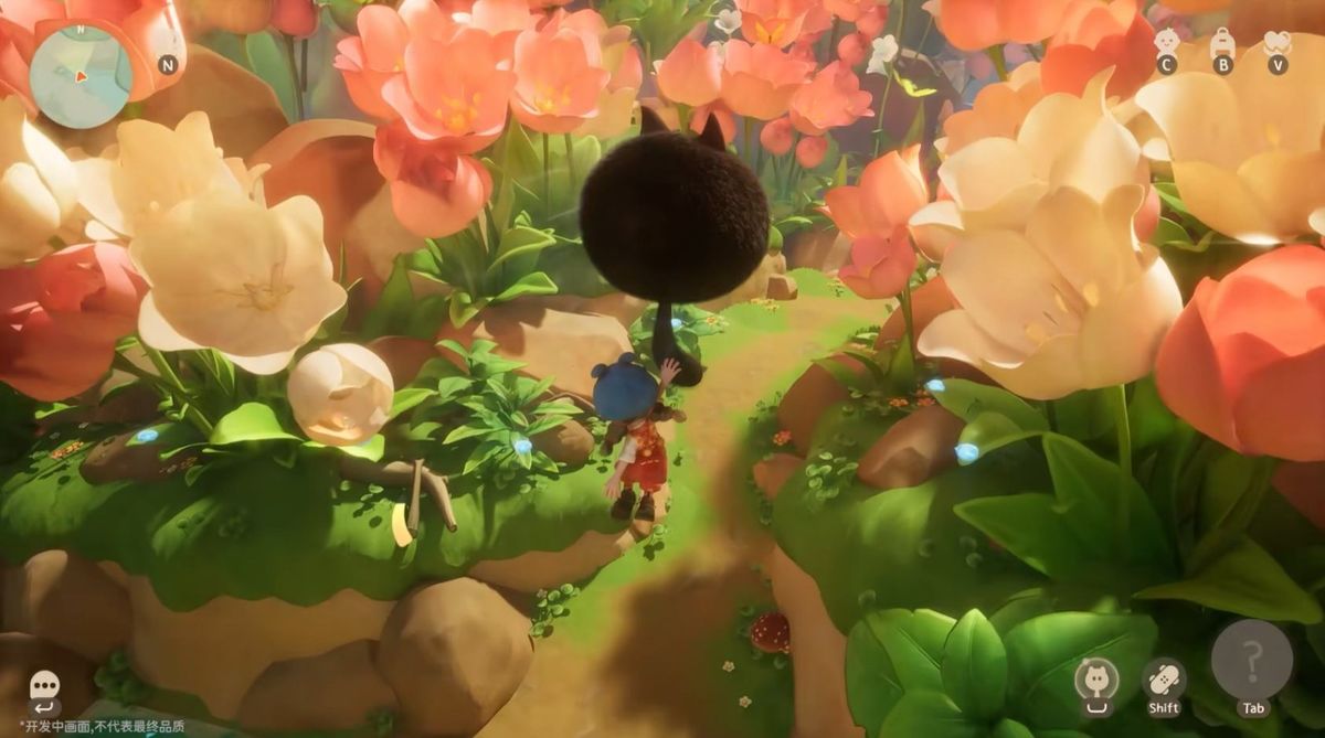 游戏截图展示阳光透过树叶照在小人国村落的画面，色彩柔和，氛围温馨如童话绘本