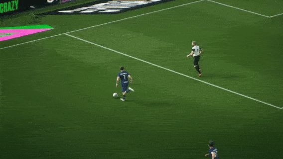 登贝莱接球后不停球直接推射破门的动画演示，展示一脚射门技能与双足能力