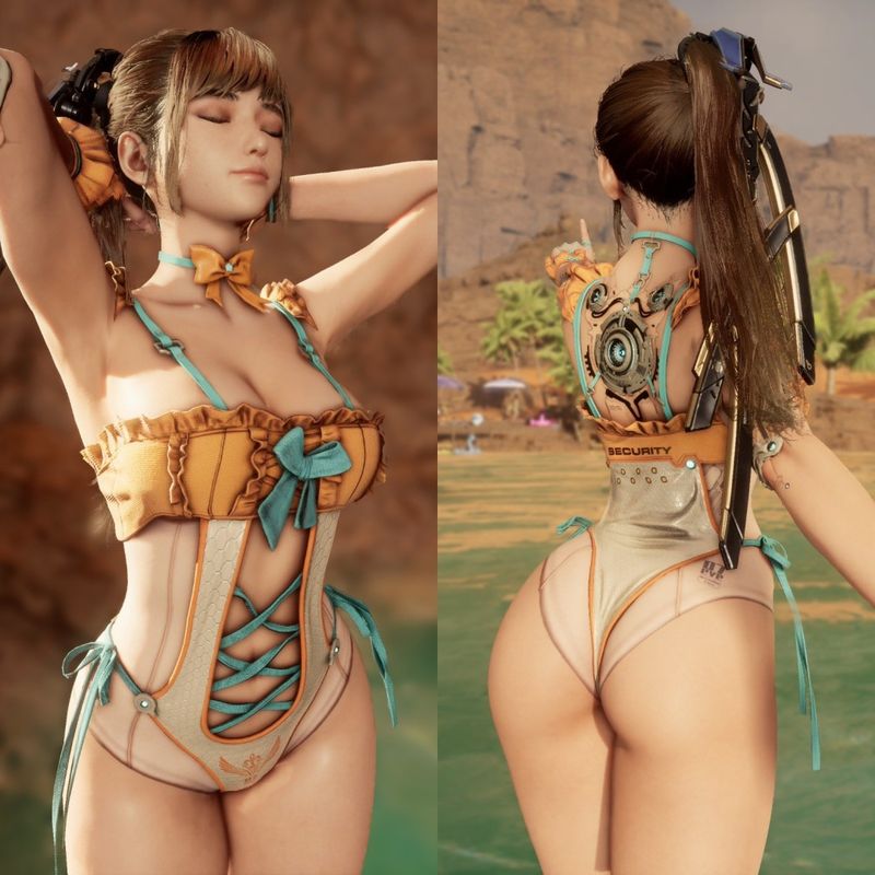 圆形构图中的伊芙半身特写，眼神坚定，背景带有科技纹路光效