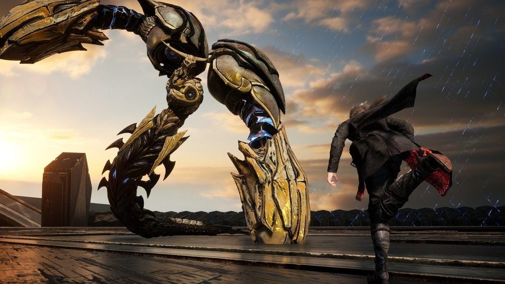 《失落之魂》主角与巨型Boss激烈交战场景，画面光影效果强烈，动作流畅但UI信息密集