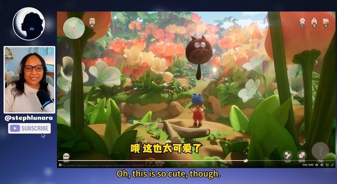 多位海外游戏主播正在录制节目画面，屏幕显示《粒粒的小人国》游戏界面，弹幕充满期待与赞美