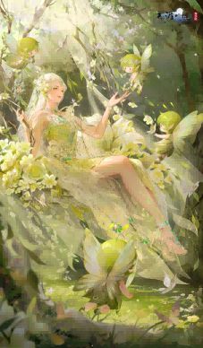 浮光·风灵仙子整体形象展示，角色身披轻盈纱裙，周身环绕晶莹光点，仿佛从森林深处走出的精灵