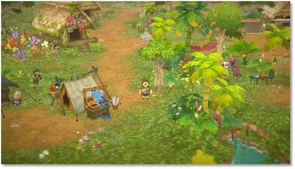 戴夫走进新丛林村落的场景画面，周围是木质小屋和热带植被，NPC角色在街头互动，氛围温馨