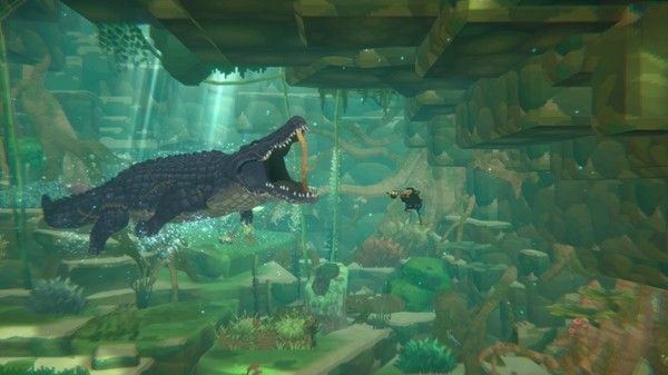 戴夫在湖中与巨型淡水鱼对峙的战斗画面，水花四溅，光影效果逼真