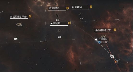 驻守范围示意图，一座前哨站为中心，周围多个建筑被绿色光环覆盖，显示协同防御状态