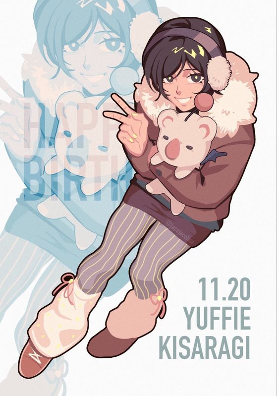 Ria_neearts创作的水彩风尤菲，坐在樱花树下托腮微笑，氛围静谧唯美