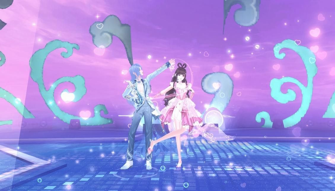 王默与水王子在舞台上翩翩起舞，周围飘散爱心与水花特效，氛围浪漫唯美