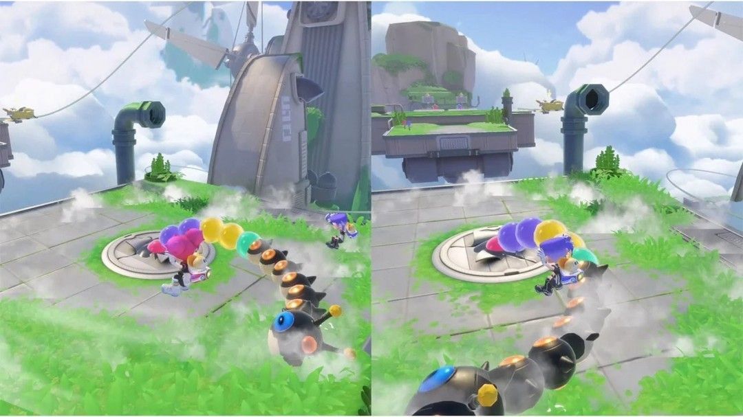 游戏中两名角色正在合力使用彩色泡泡封锁敌人行动，场景中有漂浮的平台和发光机关，展现出明亮活泼的视觉风格