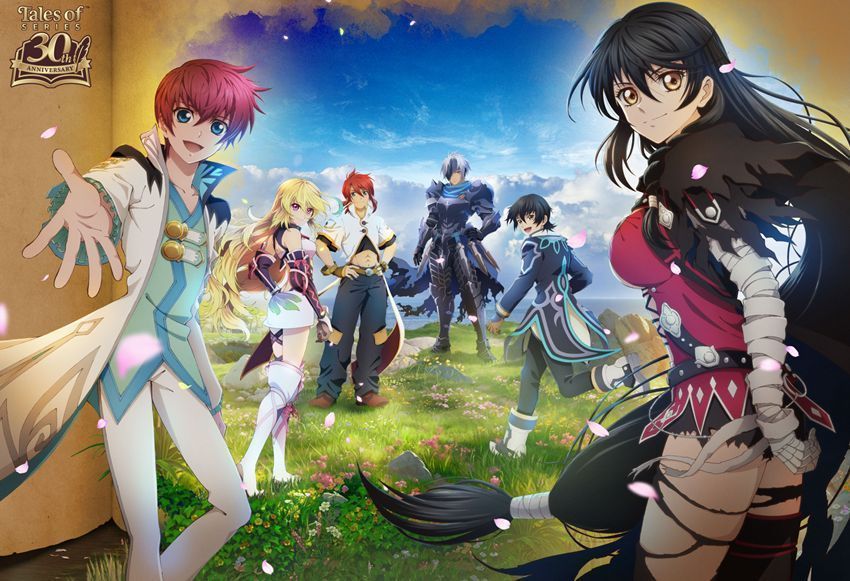 《传说》系列30周年纪念艺术图，多位重制版游戏主角并肩而立，背景融合各代经典场景元素，氛围恢弘