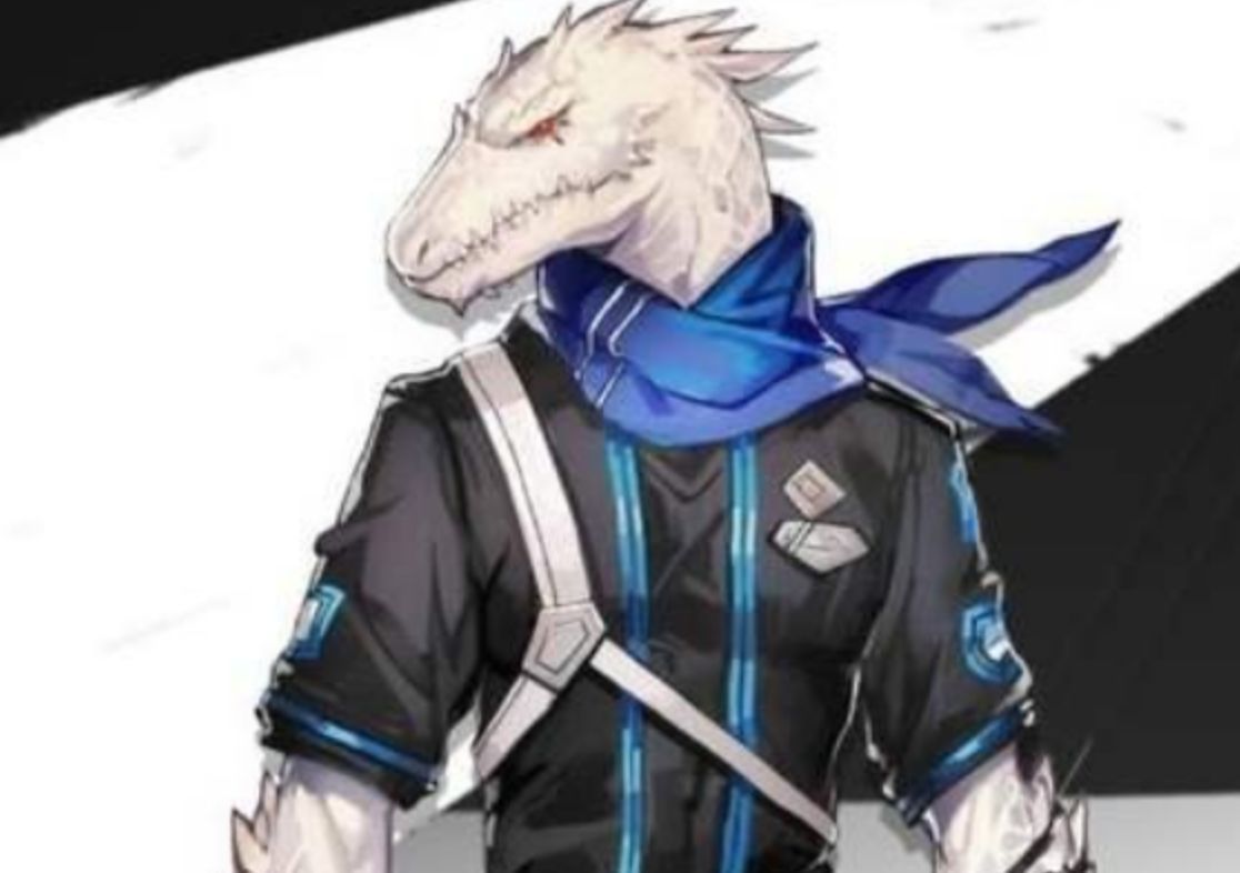 《明日方舟》中萨弗拉族角色巡林者立绘，身披轻甲，背部有明显鳞片与棘刺，尾巴修长，整体呈现蜥蜴类生物特征