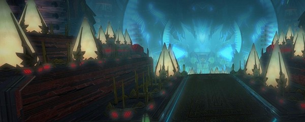 巴哈姆特大迷宫内景，金红色巨龙盘踞中央，周围浮空平台布满符文阵