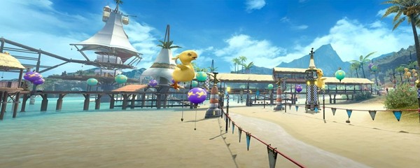 金碟游乐场陆行鸟赛道全景，三只陆行鸟疾驰而过，观众席坐满NPC欢呼雀跃