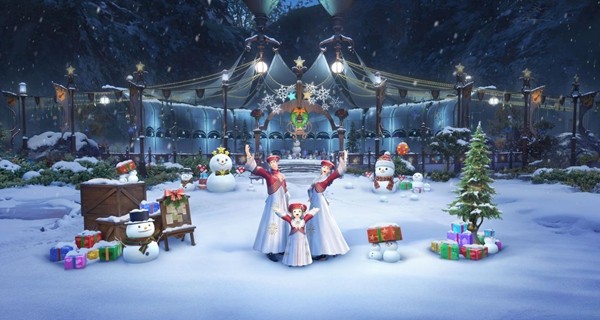 星芒节活动场景概念图，城镇挂满彩灯，NPC身着节日服饰载歌载舞