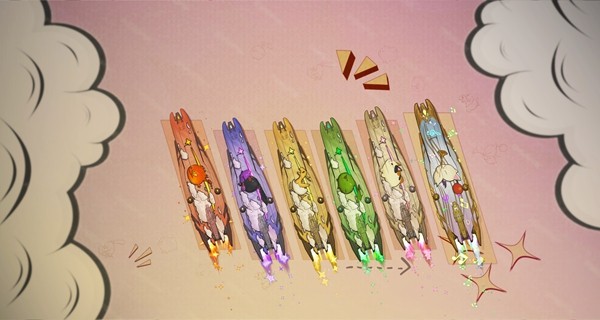 百变萌物盲盒界面截图，六种不同颜色风格的魔科学滑板排列展示